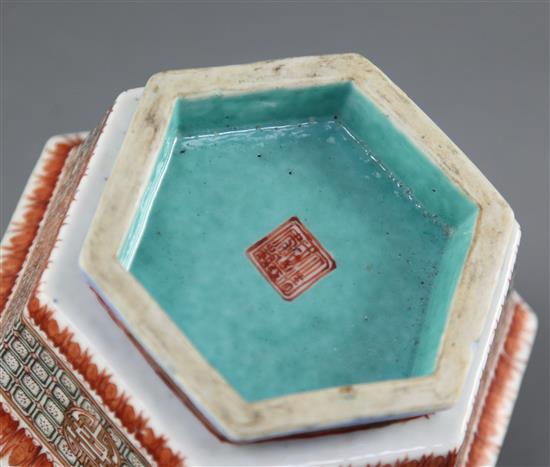 A Chinese enamelled porcelain hexagonal bowl, Xianfeng seal mark and of the period (1851-61), 15.7cm, original fitted hongmu stand pier